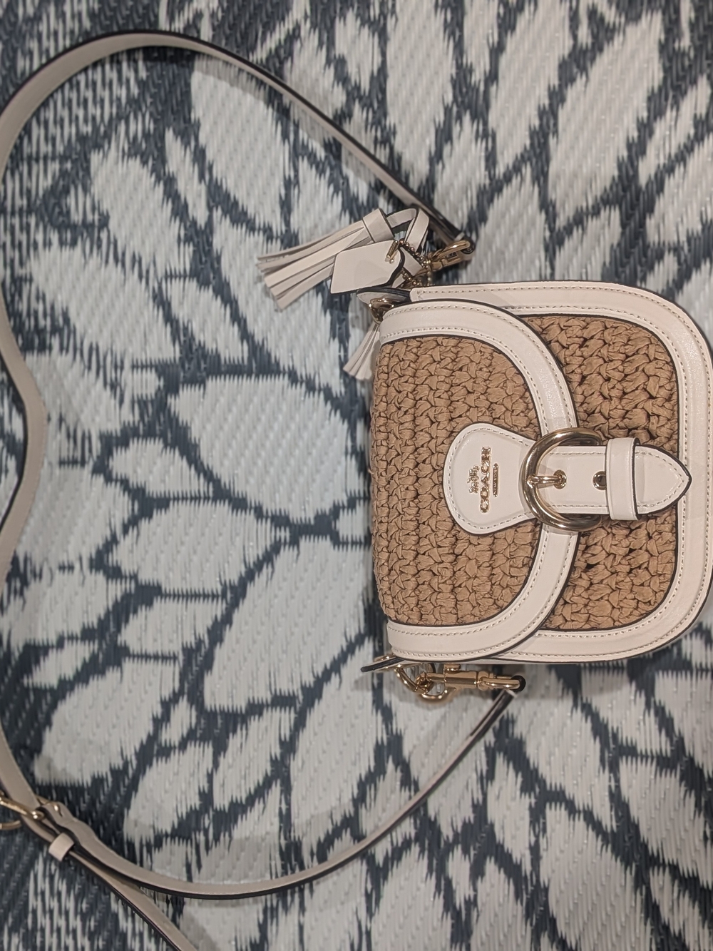 Coach CA547 Kleo Shoulder Bag 17 Natural Straw & White Leather Crossbody - GUC - Picture 2 of 15